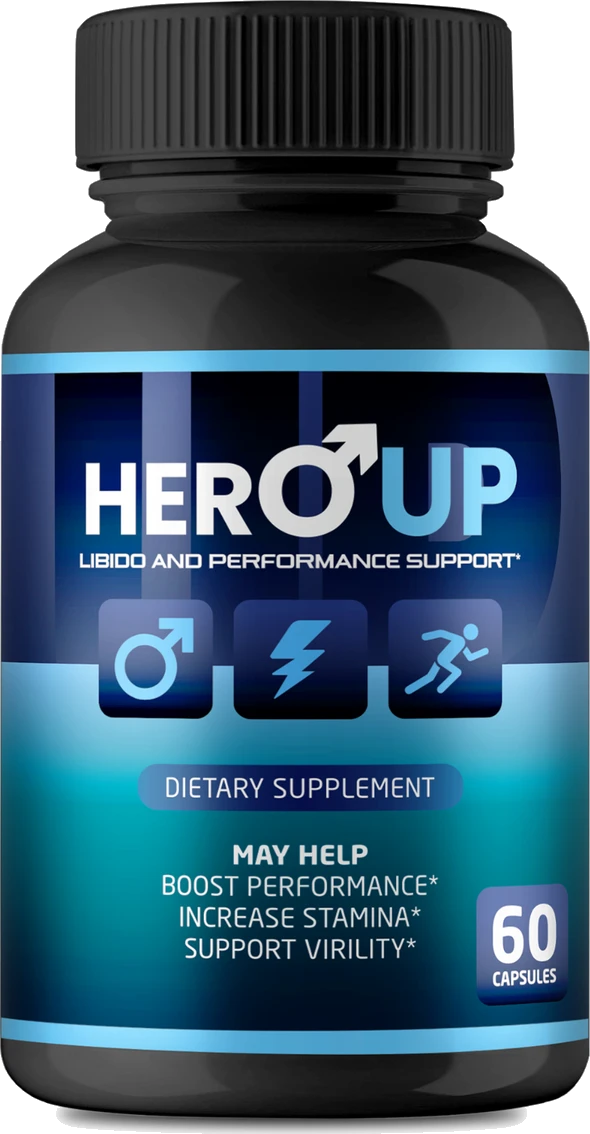 Hero UP dietary supplement bottle with 60 capsules, labeled for libido and performance support